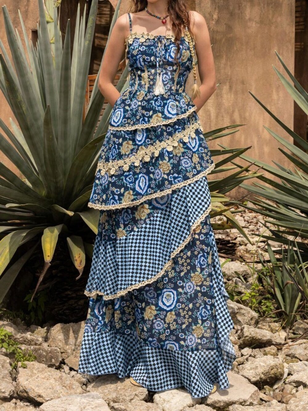Blue Bohemian Casual Women's Elegant Chiffon Dress with Lace Tassel Tiered Hem - Picture 5 of 11